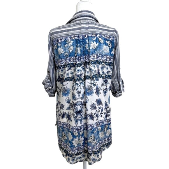 Anthropologie Kyla Seo Tunic Button-Up Top Striped Floral Roll-Tab Sleeve Sz M - Picture 2 of 8